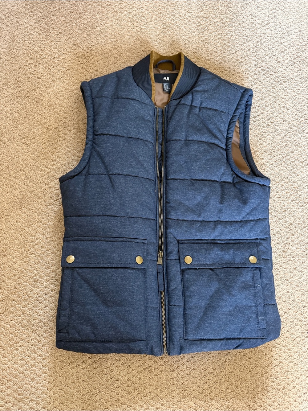 H&M Men's Dark Blue Quilted Puffer Vest with Contrast Collar
